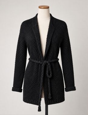Oui Black Chunky Knit Belted Cardigan Sweater Wool Alpaca Blend Women’s Size 4